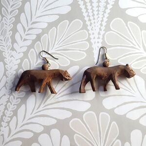 Handmade Carved Wood Cheetah Lion Earrings